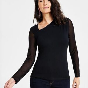 INC Black Sheer Sleeve Blouse Asymmetrical Neckline L/XL
